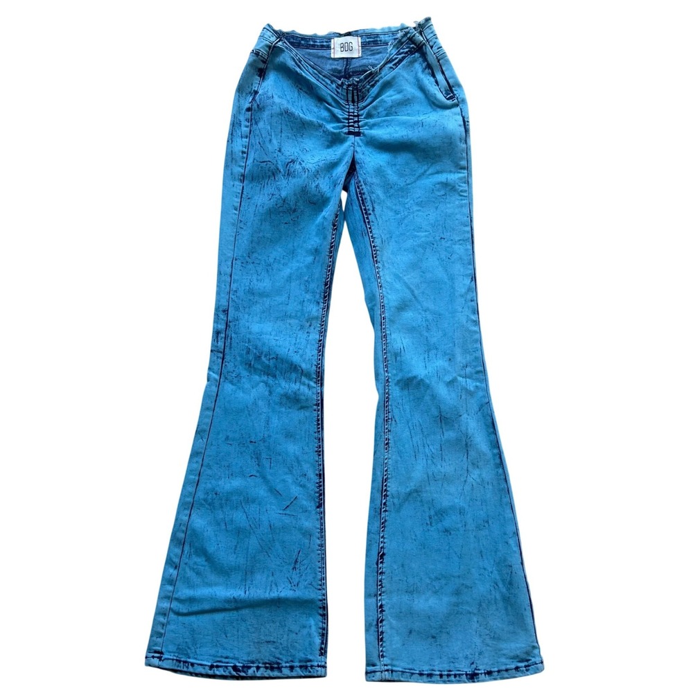 BDG Acid Wash Flare Jeans Ruched Dipped V 28 Blue High Rise Retro Boho Funky 70s